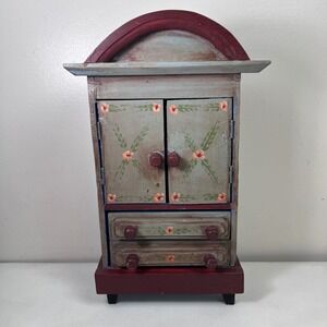 Vtg Hand Painted Folk Art Cupboard Cabinet Miniature 2 Drawers Floral Cottage